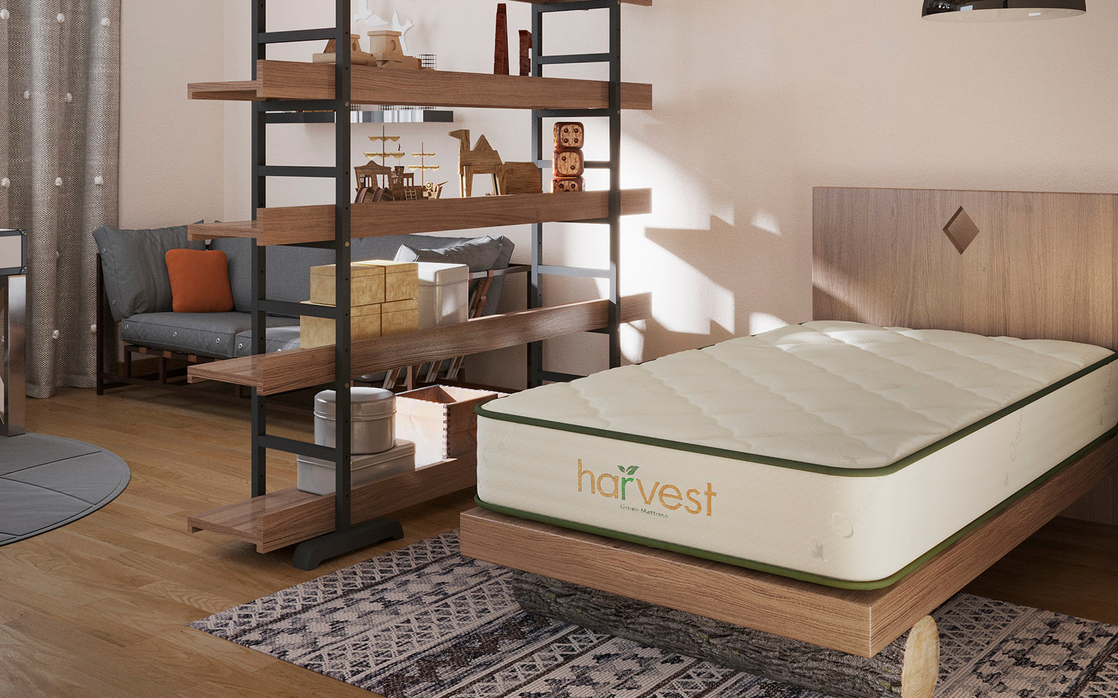 image of our harvest green essentials mattress in a kids bedroom scene.