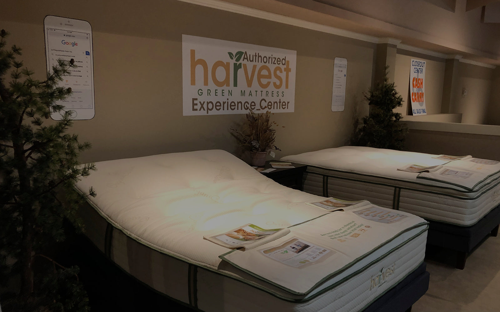 an actual in-store display of one of our harvest green mattress experience partners