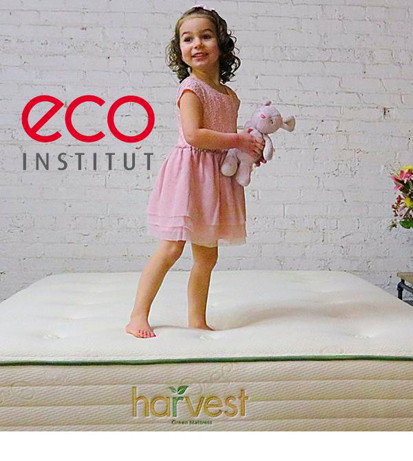 eco-INSTITUT Certification logo with little girl standing on one of our mattresses