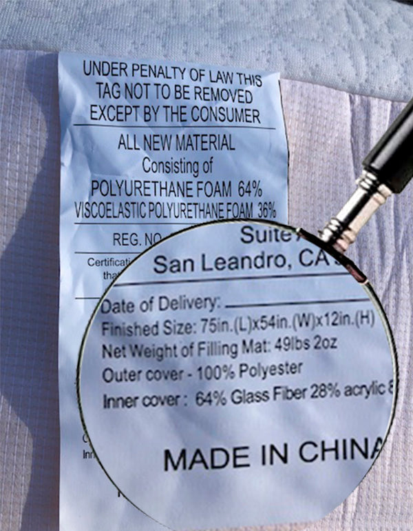 image of a competitors law tag listing fiberglass as a component 