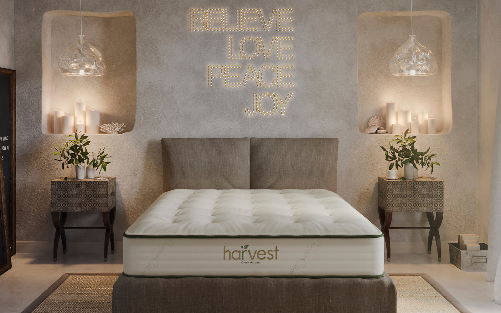 Room image of our Harvest green double-sided original mattress in a sophisticated bedroom scene