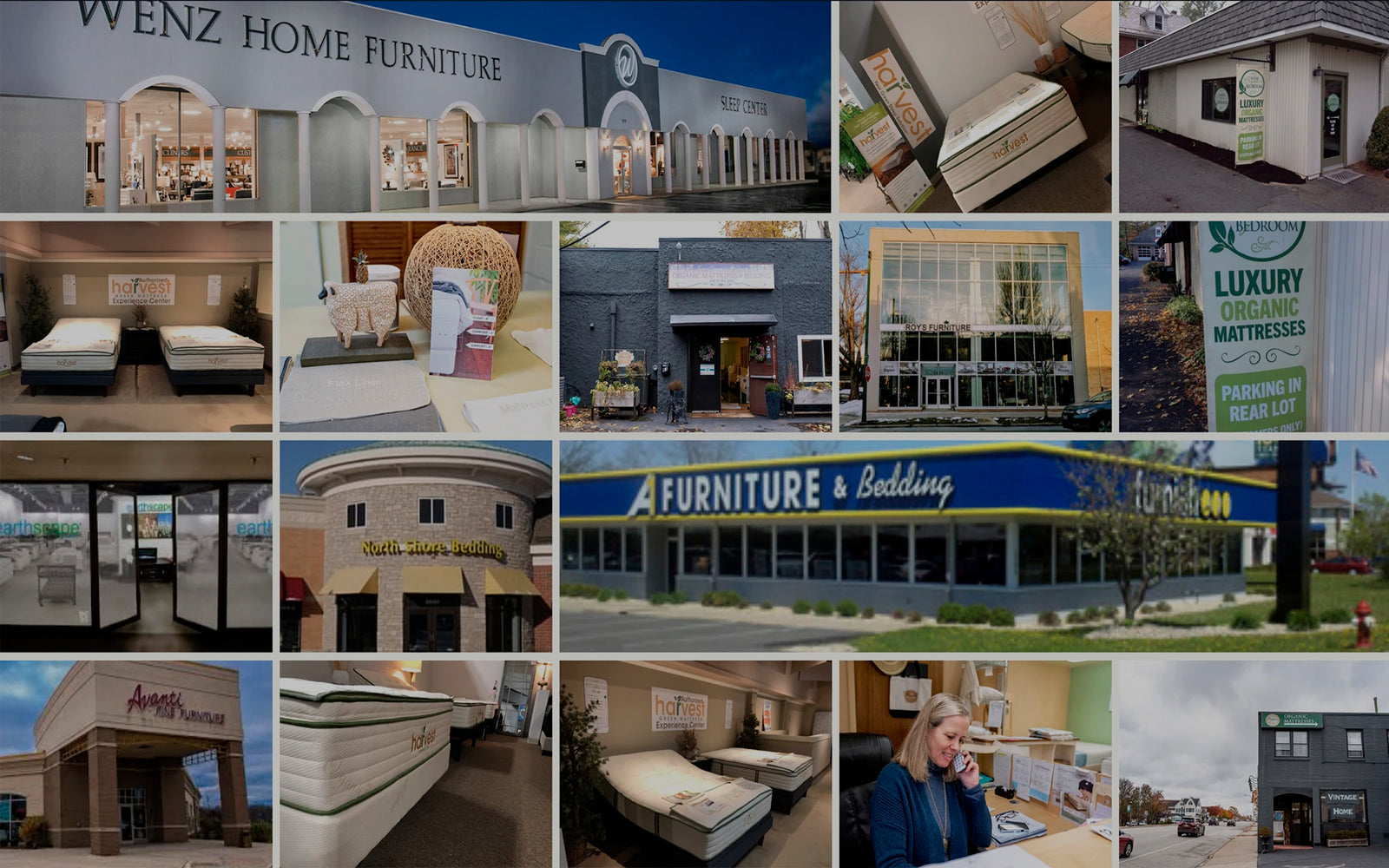 collection of small thumbnail images showing various harvest green mattress displays and partner storefronts