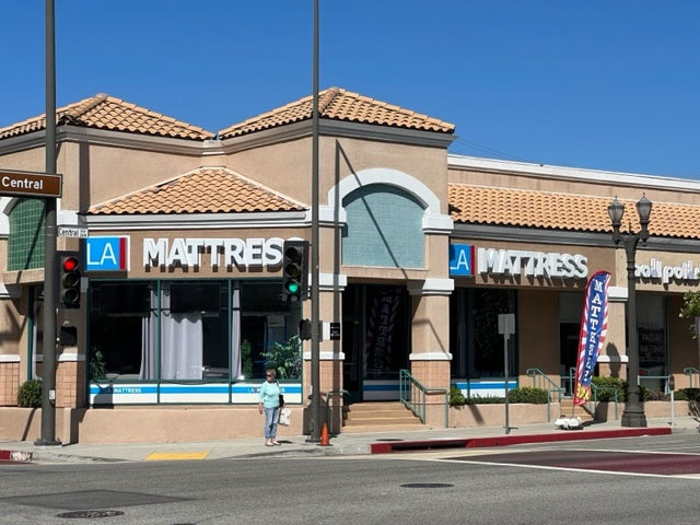 A look from across the street at LA Mattress in Glendale CA.  A trusted Harvest Green Mattress Experience Center Partner