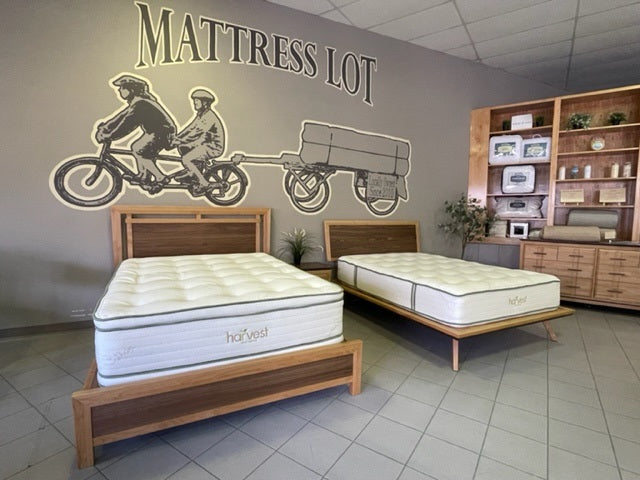 Harvest Green Mattress Display inside if Mattress Lot Portland, OR.  Double-Sided Pillow Top and Double-Sided Harvest Original Mattresses