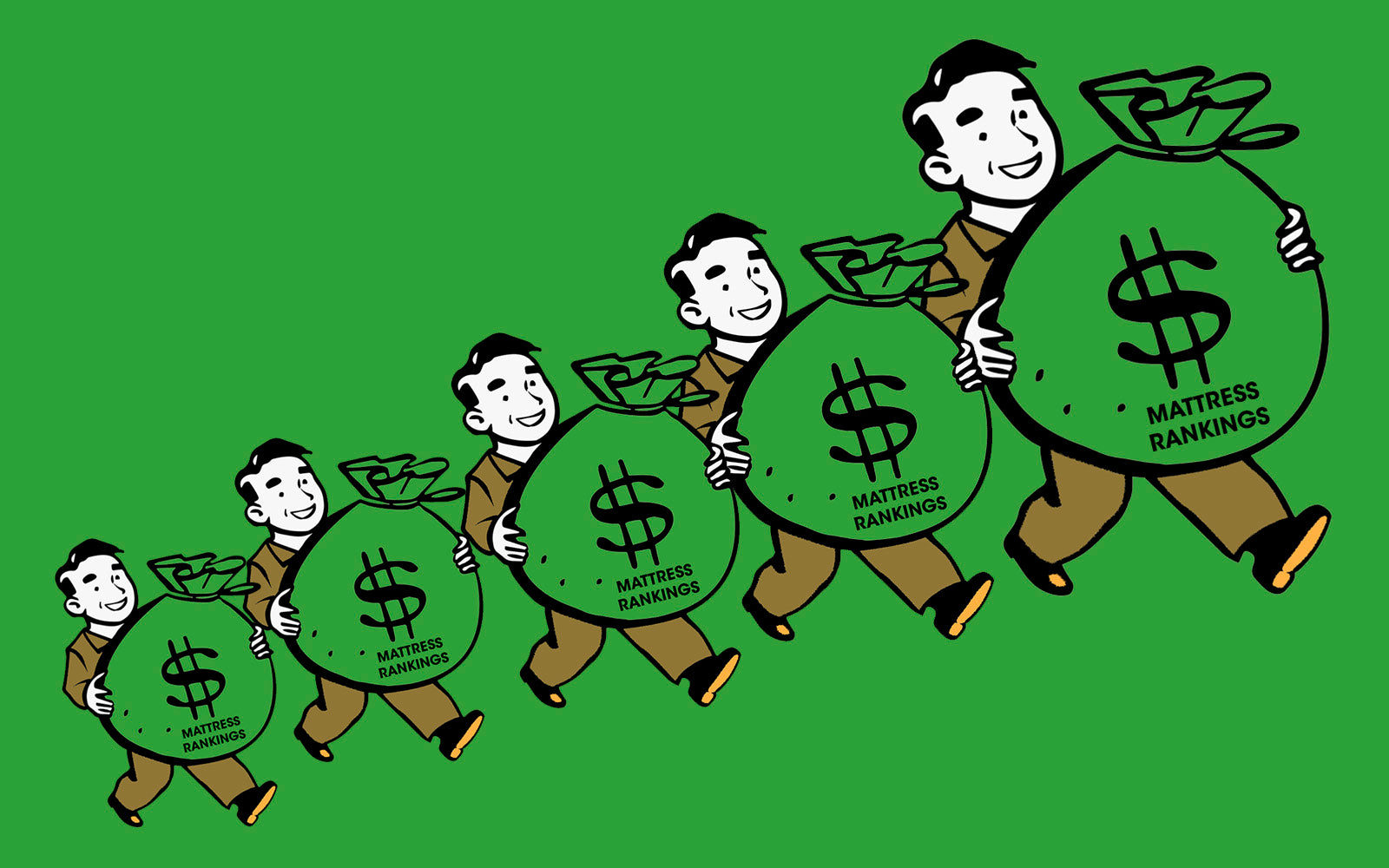 Illustration of a business men carrying the bags of money they collect from mattress manufacturers for ranking their mattresses higher on their various ranking list 