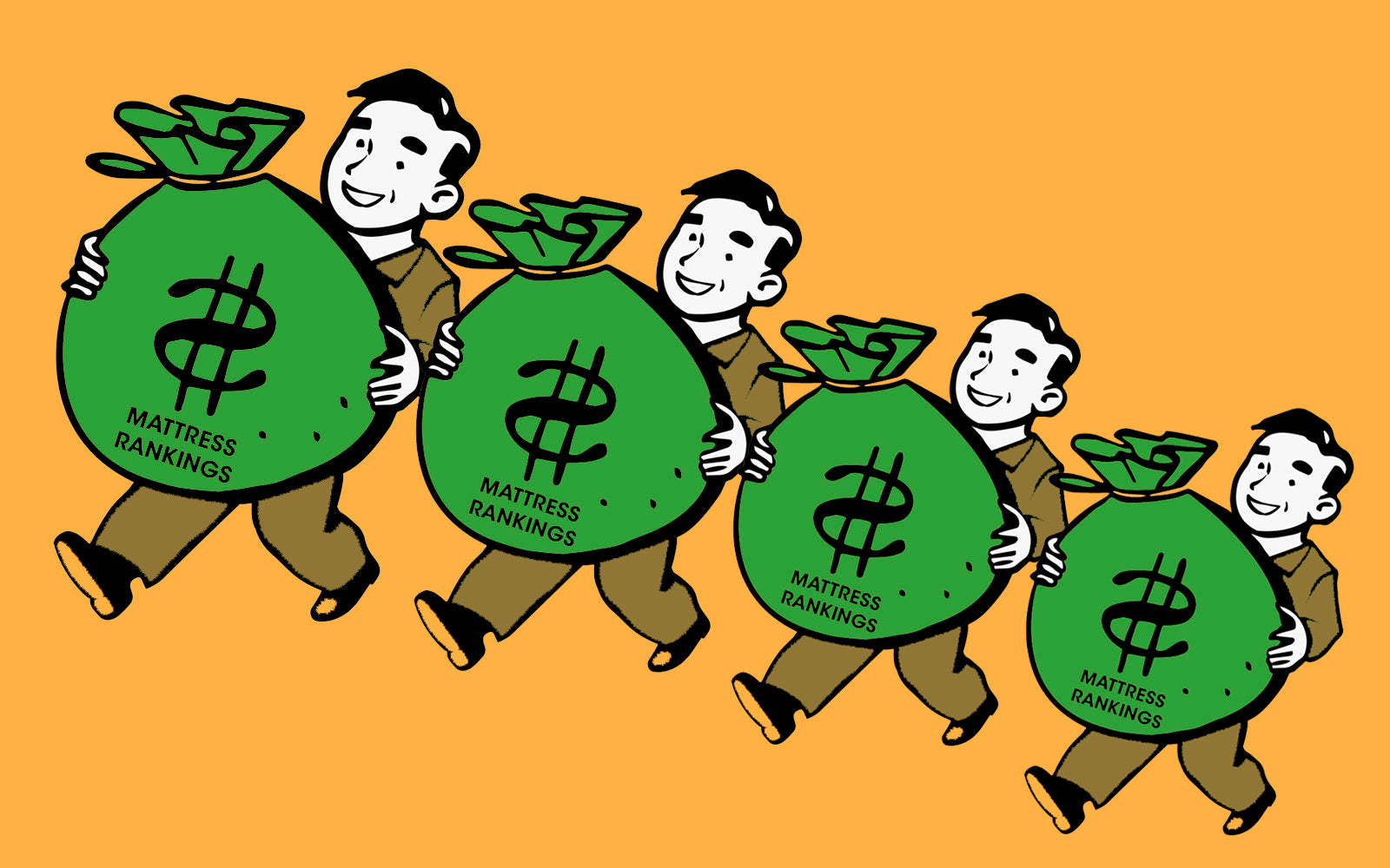 Illustration of a business men carrying the bags of money they pay mattress review websites for ranking their mattresses higher on their various ranking list 