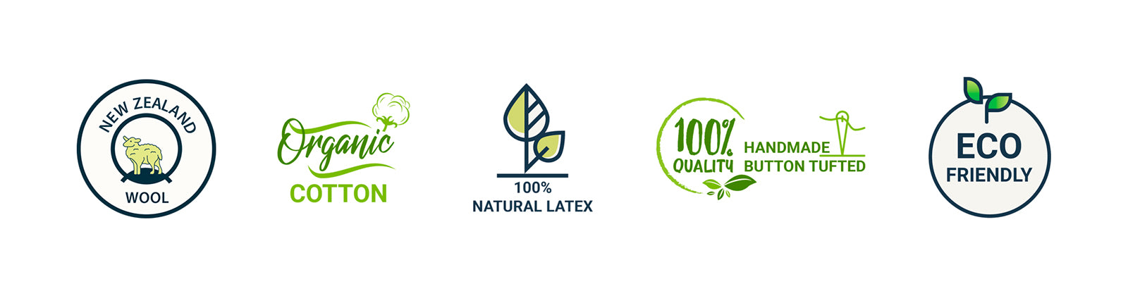 Row of logos image.  New Zealand Wool logo, Organic Cotton Logo, Natural Organic Latex Logo, 100% Hand Made Logo, Eco Friendly Logo
