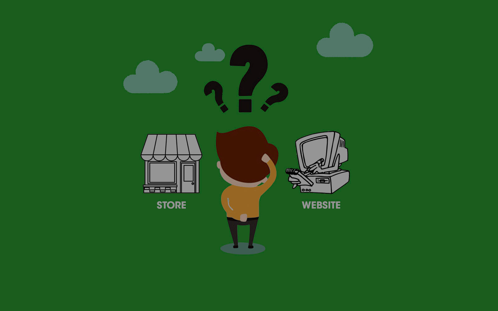 illustration of a confused person looking at a store front and a computer trying to decide where the best place to buy a mattress