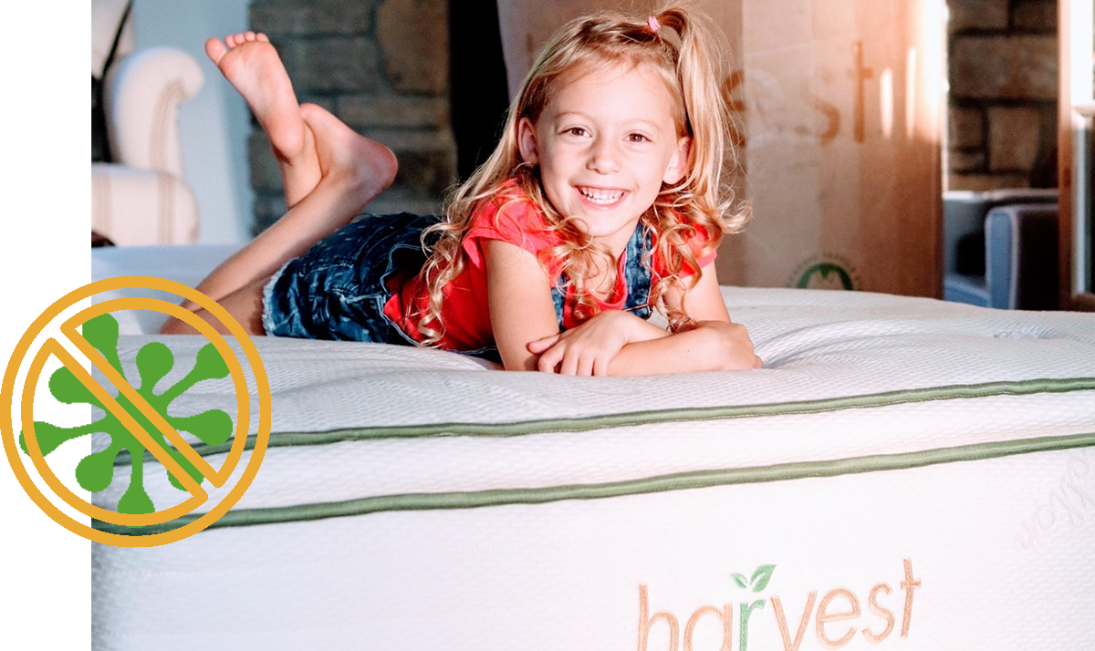 Anti Microbial logo overlay with a little girl laying on our Harvest Pillow Top