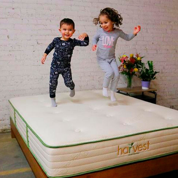 kids jumping on our harvest green original mattress in our factory